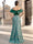A-Line/Princess Elegant Evening Dresses Prom Dresses Jacquard Sleeveless Floor-Length Off-The-Shoulder With V-neck Boning Side Slit Wedding Guest