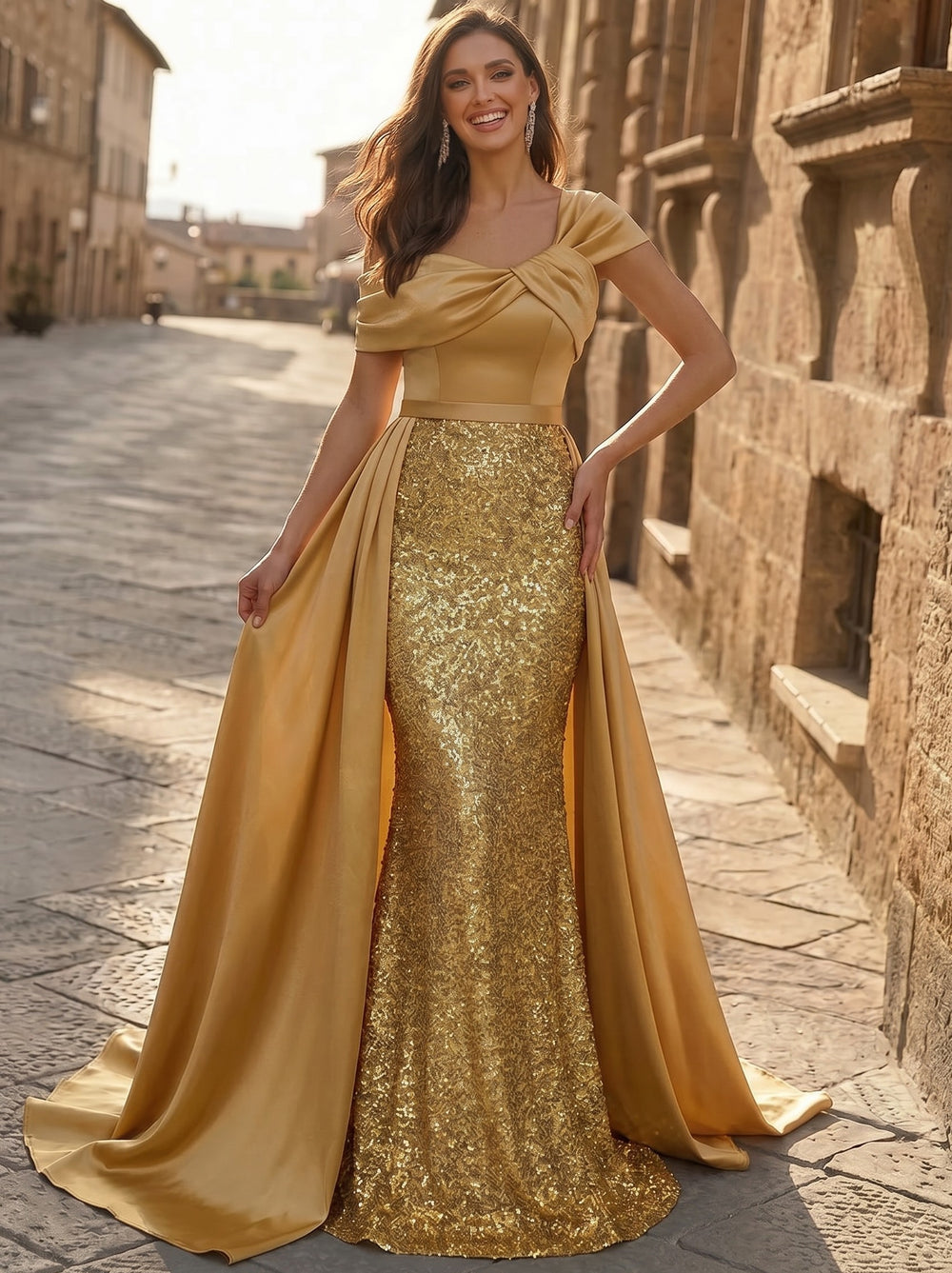 Sequin Mermaid / Trumpet Evening Gown Elegant Formal Dress Formal Wedding Floor Length Sleeveless Off Shoulder With Overskirt