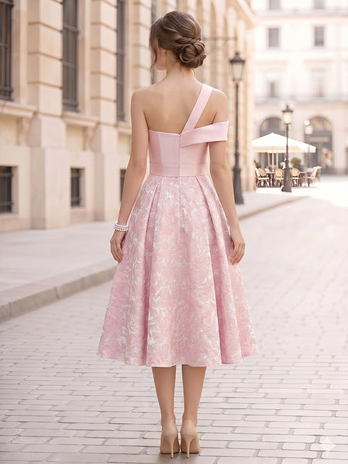 A-Line/Princess Elegant Evening Dresses Cocktail Dresses Jacquard Satin One-Shoulder Off-The-Shoulder Sleeveless Tea-Length Zipper Wedding Guest