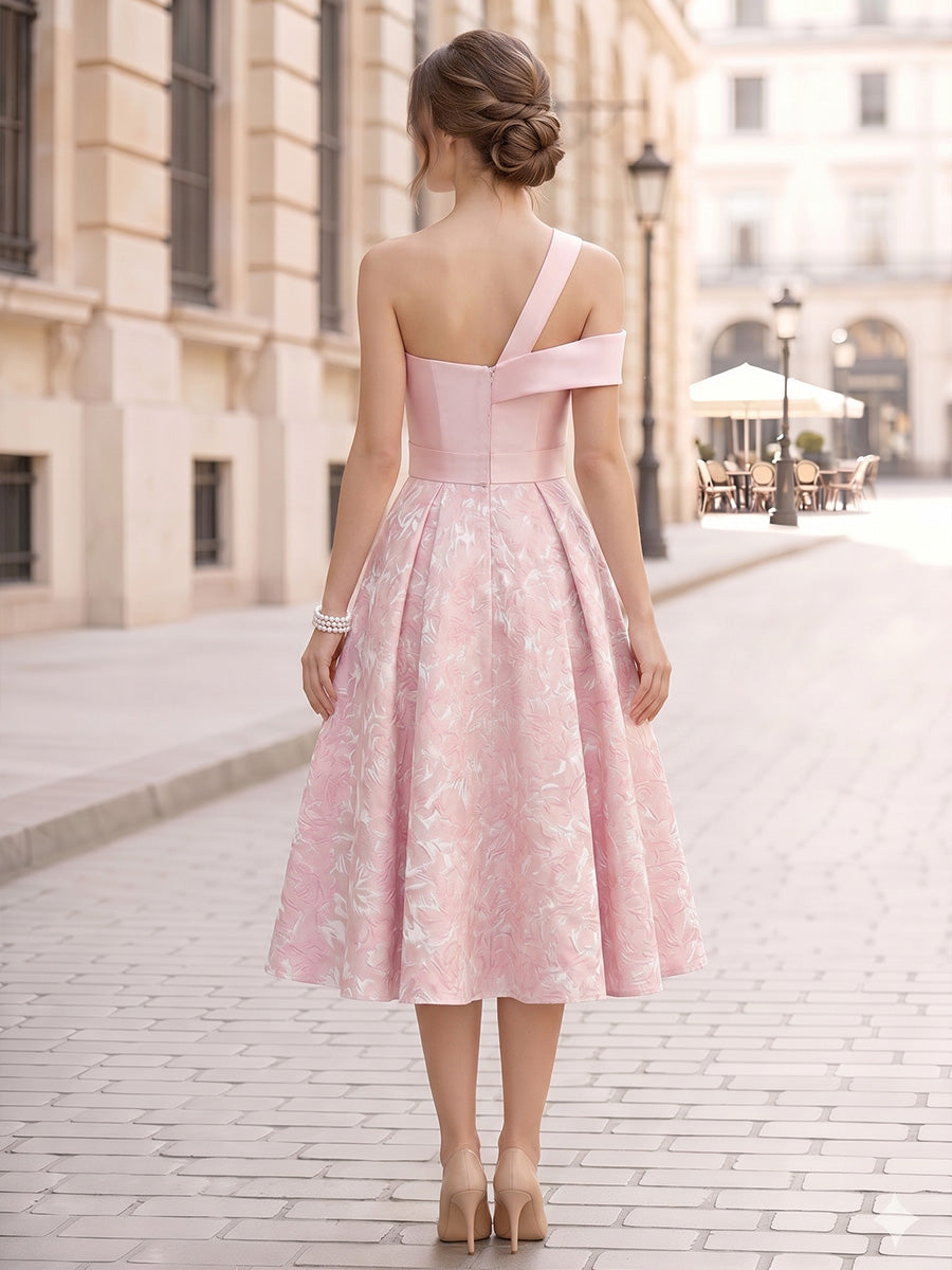 Nafori Pink A-Line/Princess Elegant Cocktail Dresses Jacquard Satin One-Shoulder Off-The-Shoulder Sleeveless Tea-Length Zipper Wedding Guest 2026