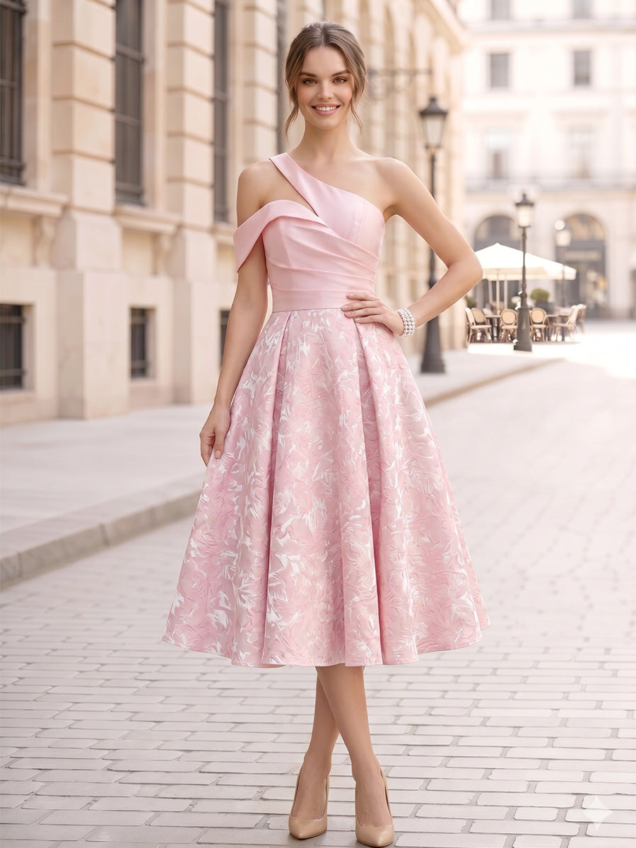 Nafori Pink A-Line/Princess Elegant Cocktail Dresses Jacquard Satin One-Shoulder Off-The-Shoulder Sleeveless Tea-Length Zipper Wedding Guest 2026