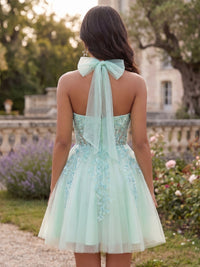 A-Line/Princess Homecoming Dresses Chiffon Embellished Halter Sleeveless Short With Bowknot Pleated Zipper