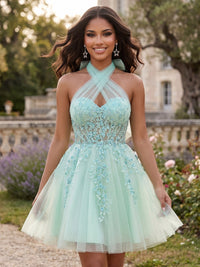 A-Line/Princess Homecoming Dresses Chiffon Embellished Halter Sleeveless Short With Bowknot Pleated Zipper