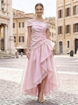 A-Line/Princess Evening Dresses Jacquard Chiffon Off-The-Shoulder Sleeveless Asymmetrical Zipper Ruffles Ruched Wedding Guest