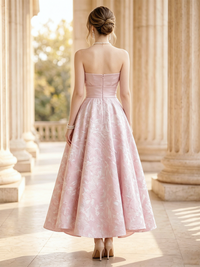 A-Line/Princess Elegant Cocktail Dresses Jacquard Satin Strapless Sleeveless Ankle-Length Ruched Sash Zipper Wedding Guest