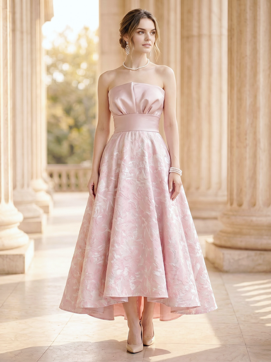 A-Line/Princess Elegant Cocktail Dresses Jacquard Satin Strapless Sleeveless Ankle-Length Ruched Sash Zipper Wedding Guest