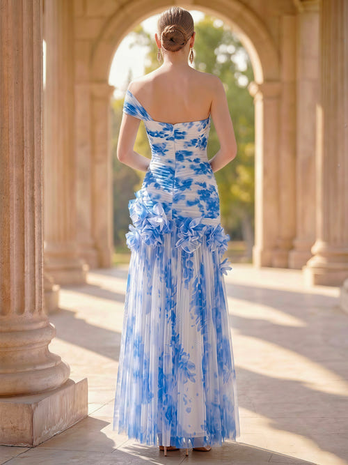 A-Line/Princess Evening Dresses Printed Chiffon Pleated One-Shoulder Ankle-Length Sleeveless Wedding Guest Dresses