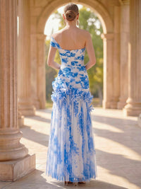 A-Line/Princess Cocktail Dresses Printed Chiffon Pleated One-Shoulder Ankle-Length Sleeveless Wedding Guest Dresses