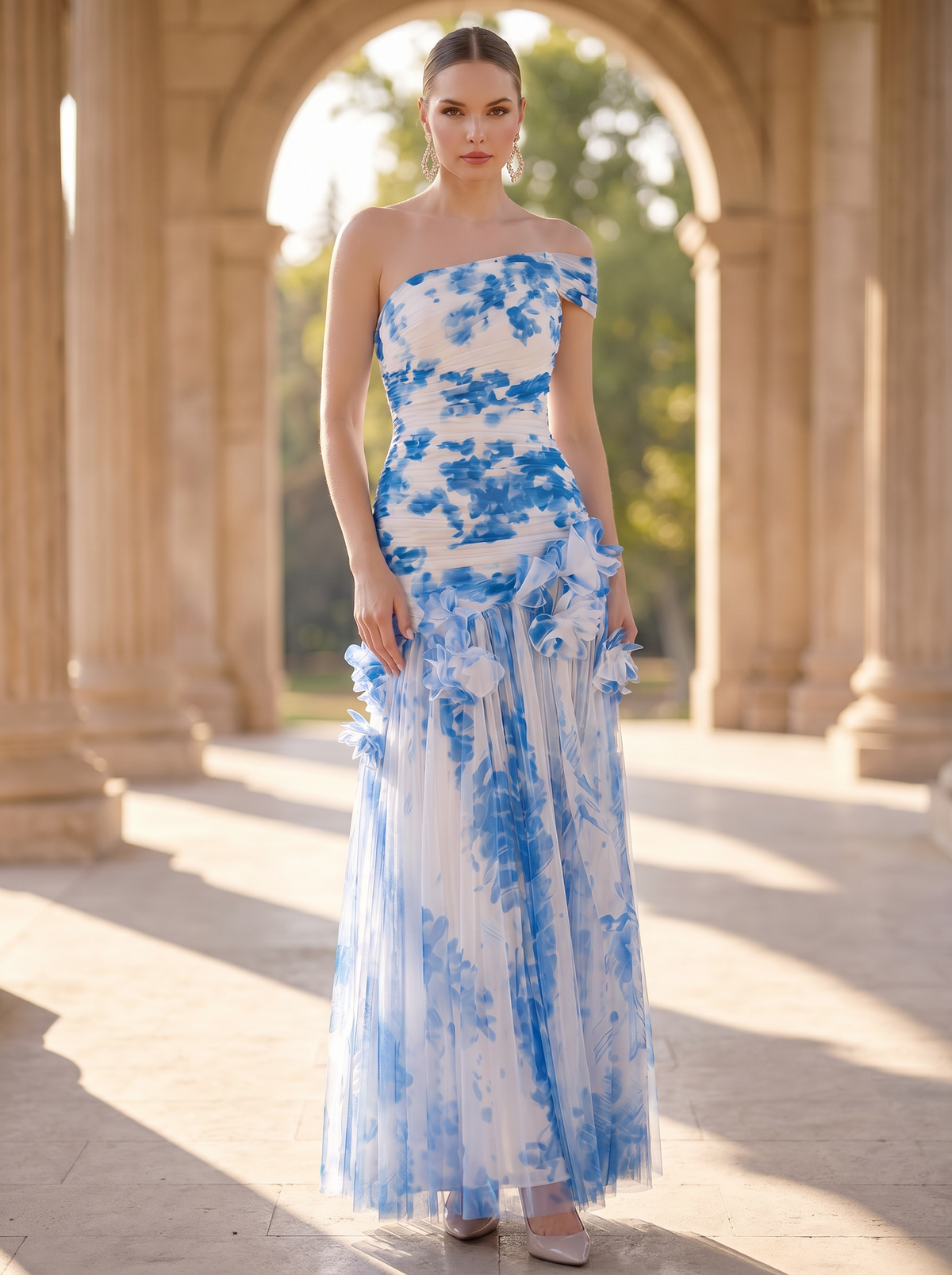 A-Line/Princess Cocktail Dresses Printed Chiffon Pleated One-Shoulder Ankle-Length Sleeveless Wedding Guest Dresses
