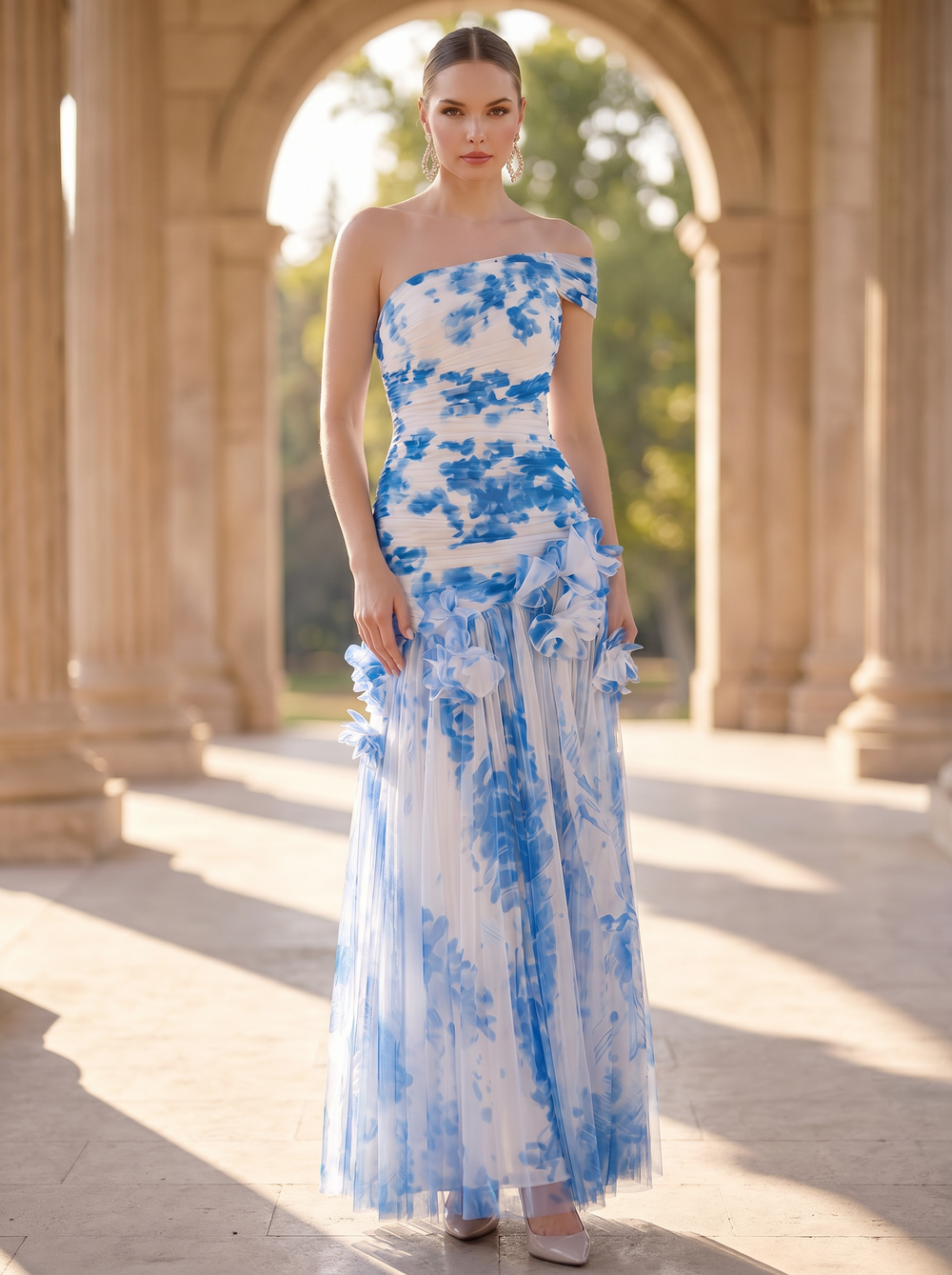 A-Line/Princess Evening Dresses Printed Chiffon Pleated One-Shoulder Ankle-Length Sleeveless Wedding Guest Dresses