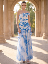 A-Line/Princess Cocktail Dresses Printed Chiffon Pleated One-Shoulder Ankle-Length Sleeveless Wedding Guest Dresses