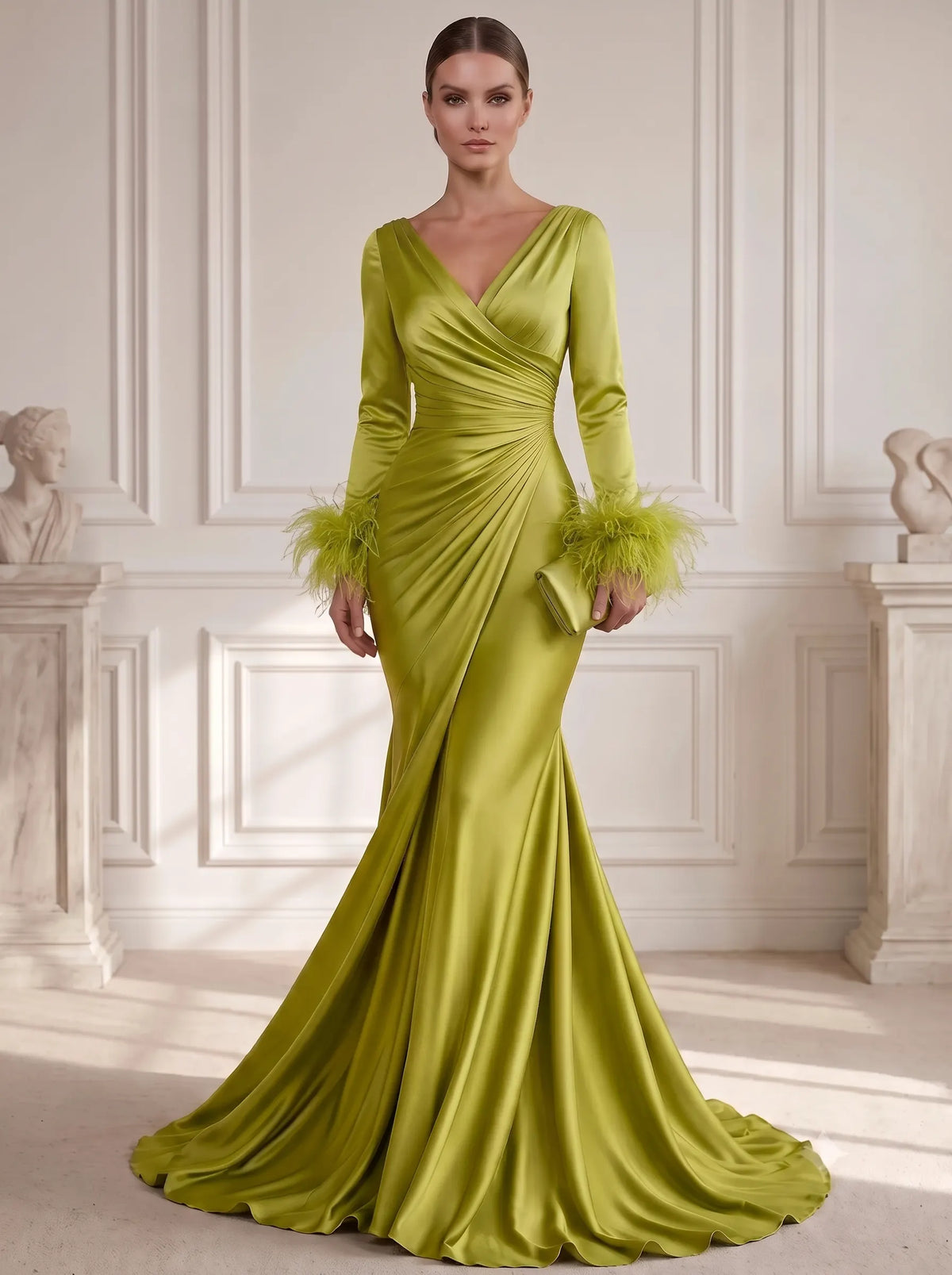 A Line/Princesses Evening Dresses Ruched Satin V Neck Floor-Length Formal Dress Long Sleeves With Feather