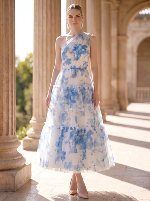 A-Line/Princess Cocktail Dresses Evening Dresses Printed Chiffon Tiered Ruffles One-Shoulder Ankle-Length Sleeveless Zipper Wedding Guest Dresses