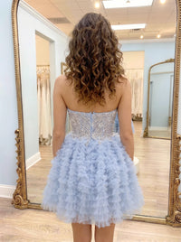 A-Line/Princess Homecoming Dresses Beaded Appliques Chiffon Sequins Layered Ruffle Strapless Sleeveless Short Illusion Corset Bodice Zipper