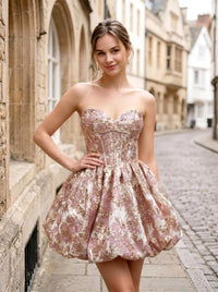 A-Line/Princess Homecoming Dresses Floral Jacquard Beaded Strapless Sweetheart Sleeveless Short Boning Zipper Summer