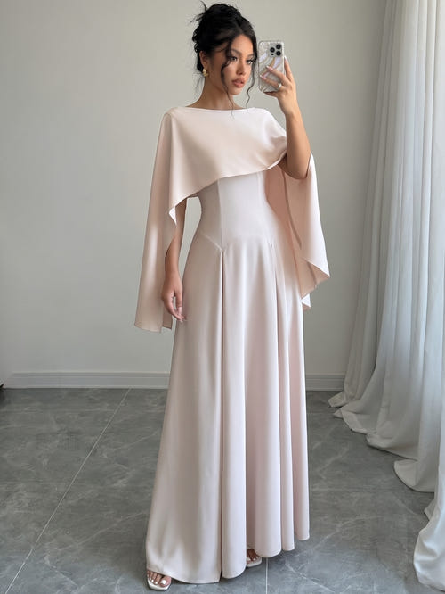 A Line Evening Gown Elegant Floor-Length Boat Neck Stretch Crepe Mother Of The Bride Dress With Cape