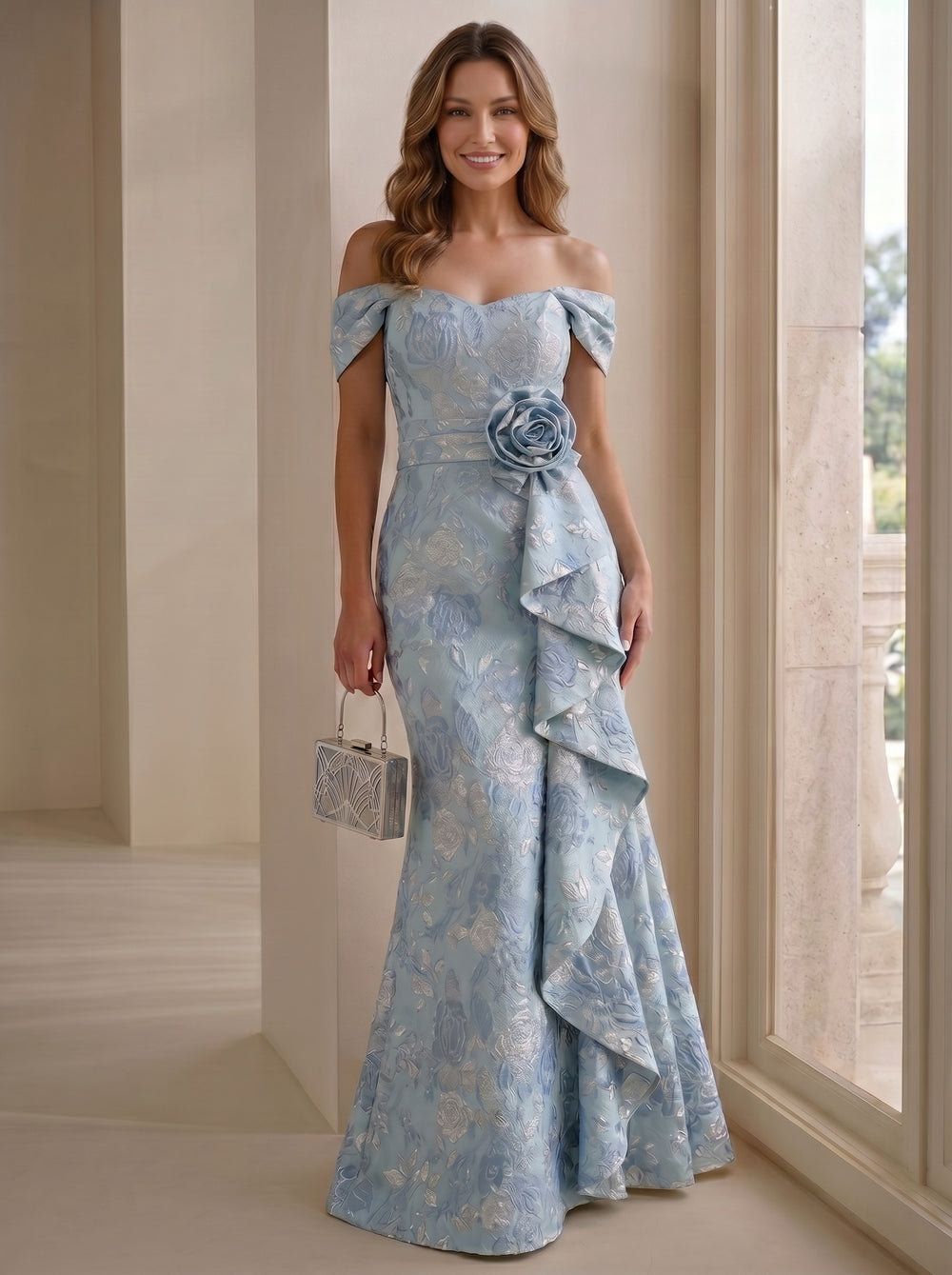 Mermaid Mother Of The Bride Dresses Elegant Jacquard Formal Dress Off The Shoulder Short Sleeves With Ruffles Flowers
