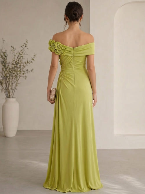 Trumpet/Mermaid Evening Gown Elegant Off The Shoulder Floral Chiffon Formal Dresses Olive Green Ruched Maxi Dresses