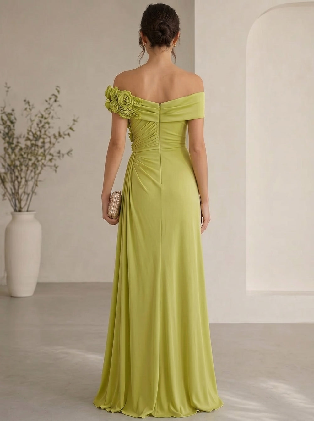 Trumpet/Mermaid Evening Gown Elegant Off The Shoulder Floral Chiffon Formal Dresses Olive Green Ruched Maxi Dresses
