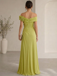 Trumpet/Mermaid Evening Gown Elegant Off The Shoulder Floral Chiffon Formal Dresses Olive Green Ruched Maxi Dresses