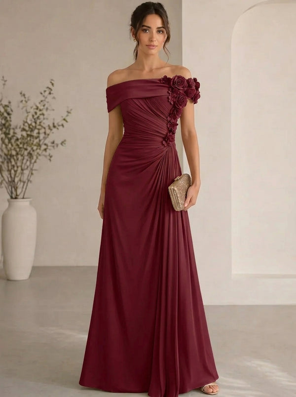 Trumpet/Mermaid Evening Gown Elegant Off The Shoulder Floral Chiffon Formal Dresses Olive Green Ruched Maxi Dresses