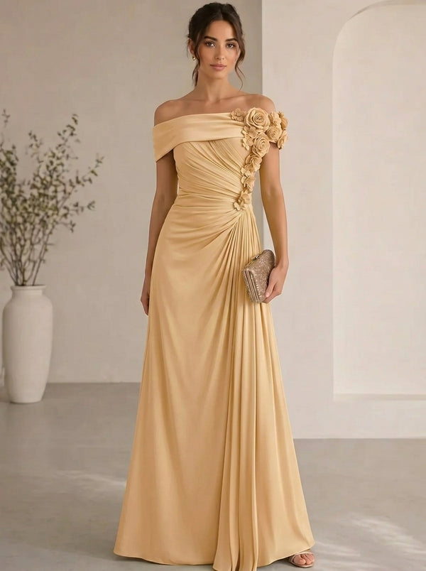 Trumpet/Mermaid Evening Gown Elegant Off The Shoulder Floral Chiffon Formal Dresses Olive Green Ruched Maxi Dresses