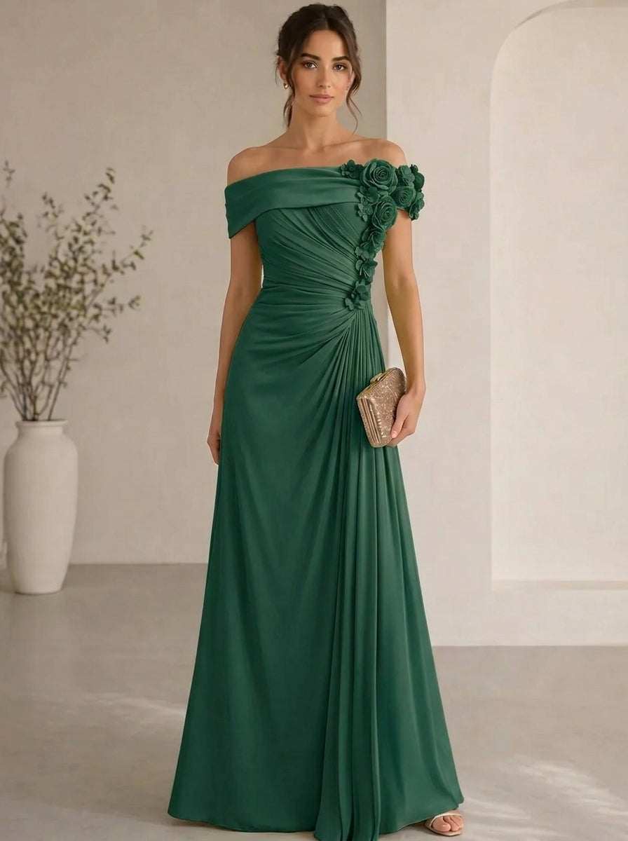 Trumpet/Mermaid Evening Gown Elegant Off The Shoulder Floral Chiffon Formal Dresses Olive Green Ruched Maxi Dresses