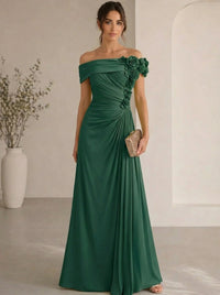 Trumpet/Mermaid Evening Gown Elegant Off The Shoulder Floral Chiffon Formal Dresses Olive Green Ruched Maxi Dresses