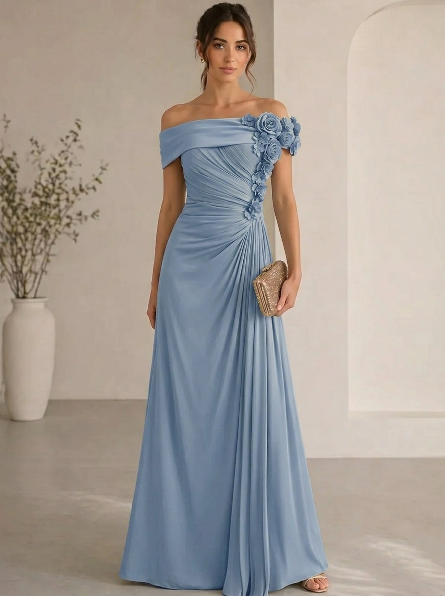 Trumpet/Mermaid Evening Gown Elegant Off The Shoulder Floral Chiffon Formal Dresses Olive Green Ruched Maxi Dresses