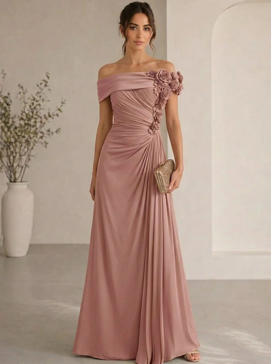 Trumpet/Mermaid Evening Gown Elegant Off The Shoulder Floral Chiffon Formal Dresses Olive Green Ruched Maxi Dresses