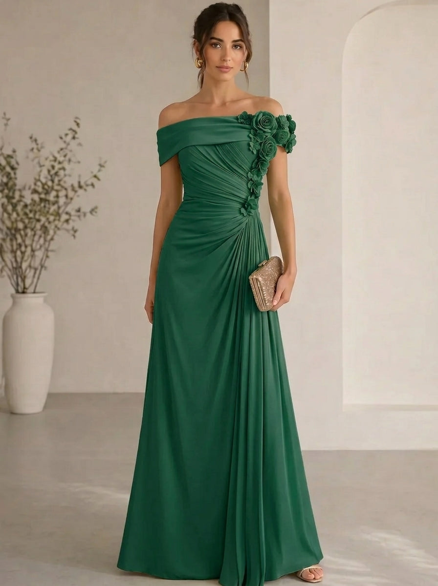 Trumpet/Mermaid Evening Gown Elegant Off The Shoulder Floral Chiffon Formal Dresses Olive Green Ruched Maxi Dresses