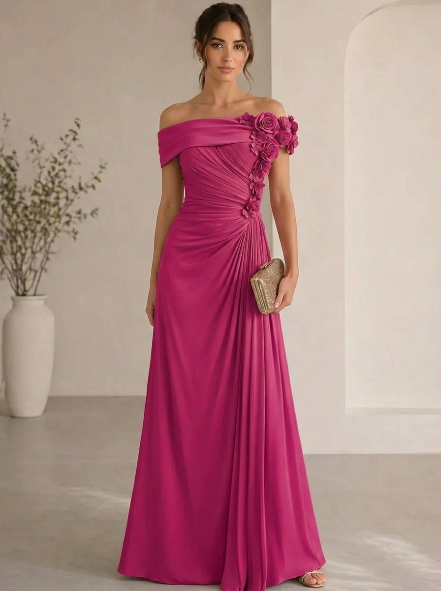 Trumpet/Mermaid Evening Gown Elegant Off The Shoulder Floral Chiffon Formal Dresses Olive Green Ruched Maxi Dresses