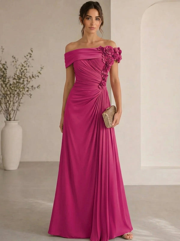 Trumpet/Mermaid Evening Gown Elegant Off The Shoulder Floral Chiffon Formal Dresses Olive Green Ruched Maxi Dresses