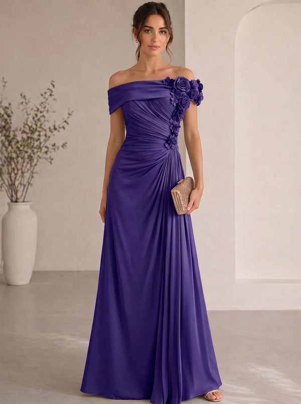 Trumpet/Mermaid Evening Gown Elegant Off The Shoulder Floral Chiffon Formal Dresses Olive Green Ruched Maxi Dresses