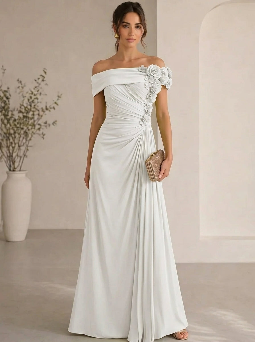 Trumpet/Mermaid Evening Gown Elegant Off The Shoulder Floral Chiffon Formal Dresses Olive Green Ruched Maxi Dresses