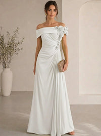 Trumpet/Mermaid Evening Gown Elegant Off The Shoulder Floral Chiffon Formal Dresses Olive Green Ruched Maxi Dresses