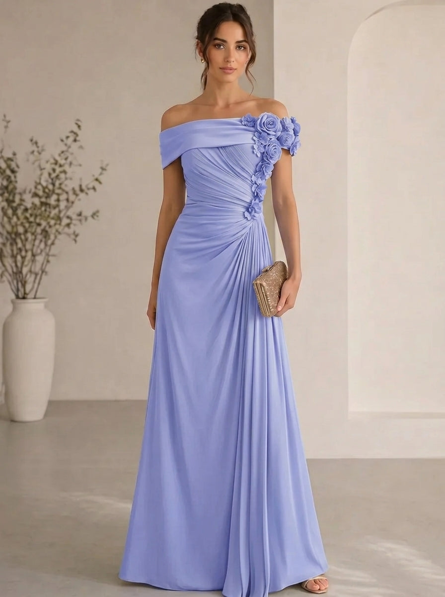 Trumpet/Mermaid Evening Gown Elegant Off The Shoulder Floral Chiffon Formal Dresses Olive Green Ruched Maxi Dresses