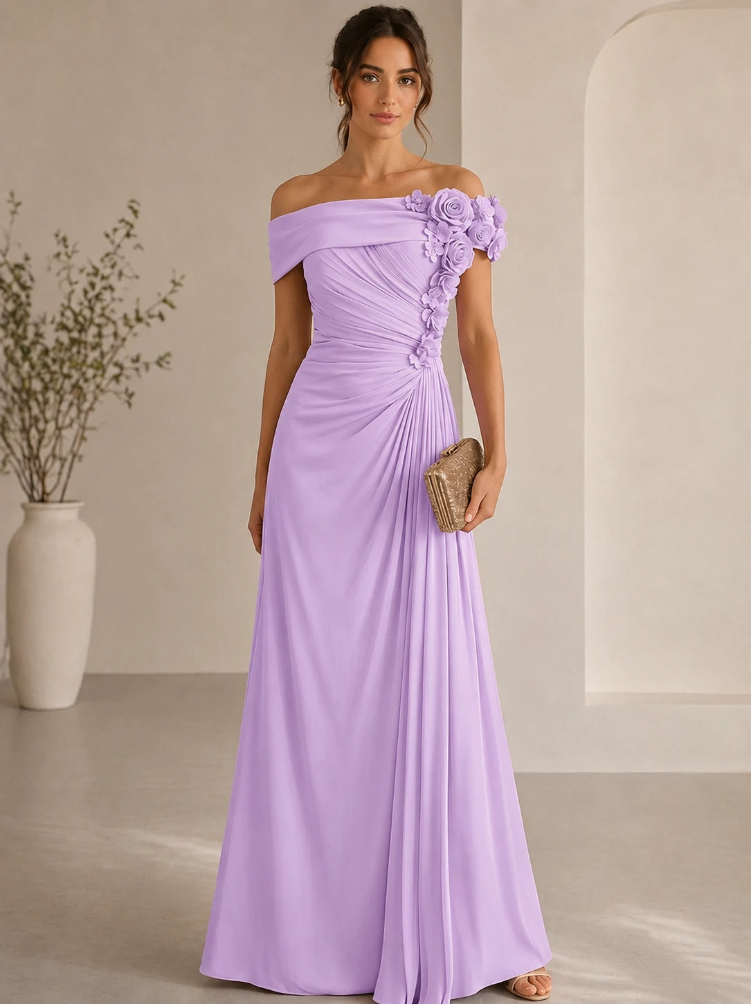 Trumpet/Mermaid Evening Gown Elegant Off The Shoulder Floral Chiffon Formal Dresses Olive Green Ruched Maxi Dresses