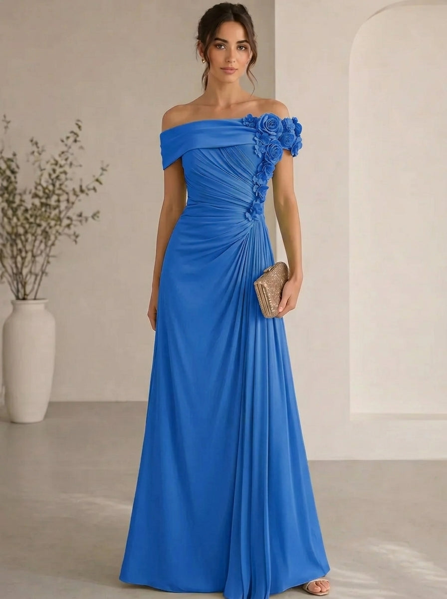 Trumpet/Mermaid Evening Gown Elegant Off The Shoulder Floral Chiffon Formal Dresses Olive Green Ruched Maxi Dresses