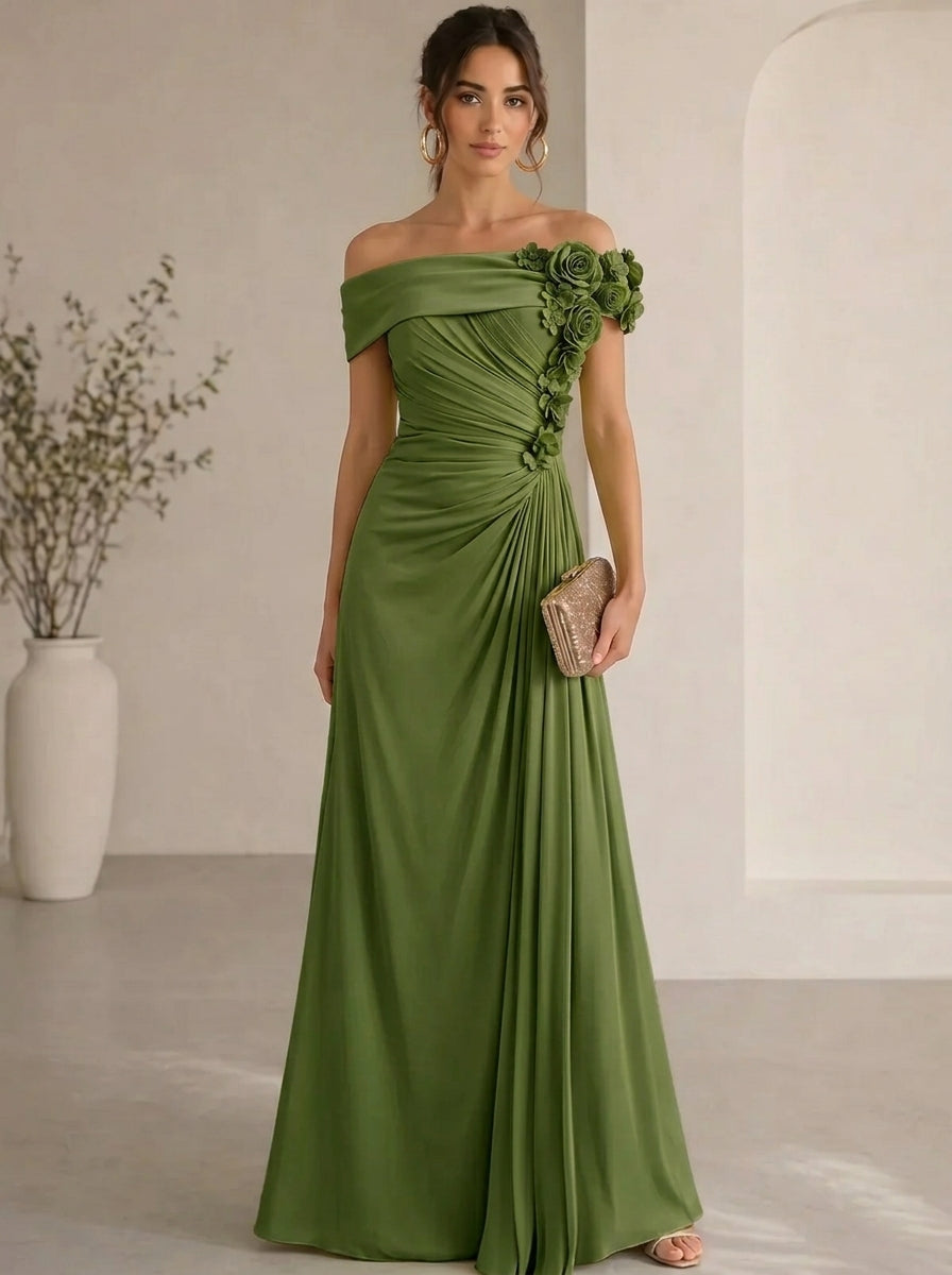 Trumpet/Mermaid Evening Gown Elegant Off The Shoulder Floral Chiffon Formal Dresses Olive Green Ruched Maxi Dresses