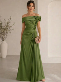 Trumpet/Mermaid Evening Gown Elegant Off The Shoulder Floral Chiffon Formal Dresses Olive Green Ruched Maxi Dresses