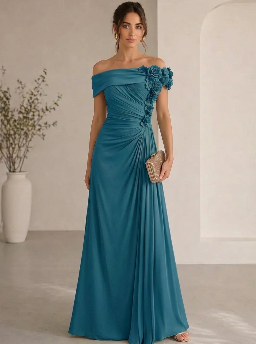 Trumpet/Mermaid Evening Gown Elegant Off The Shoulder Floral Chiffon Formal Dresses Olive Green Ruched Maxi Dresses