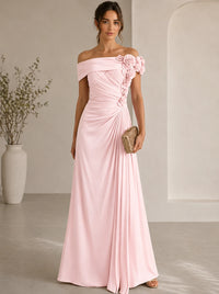 Trumpet/Mermaid Evening Gown Elegant Off The Shoulder Floral Chiffon Formal Dresses Olive Green Ruched Maxi Dresses
