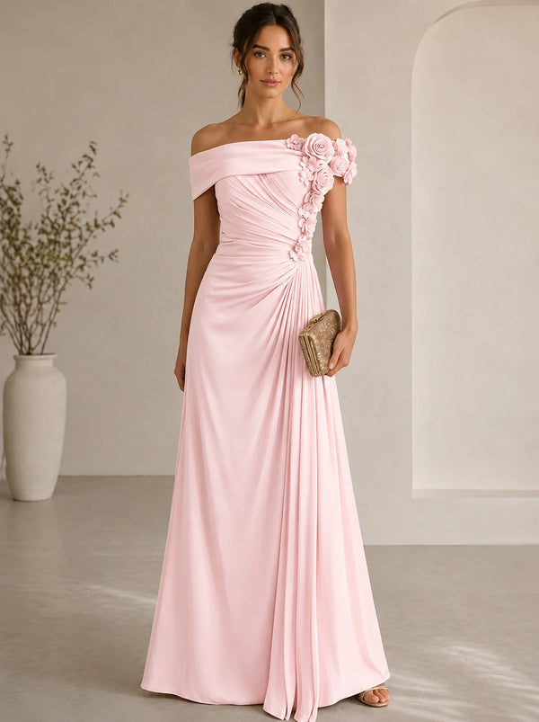 Trumpet/Mermaid Evening Gown Elegant Off The Shoulder Floral Chiffon Formal Dresses Olive Green Ruched Maxi Dresses