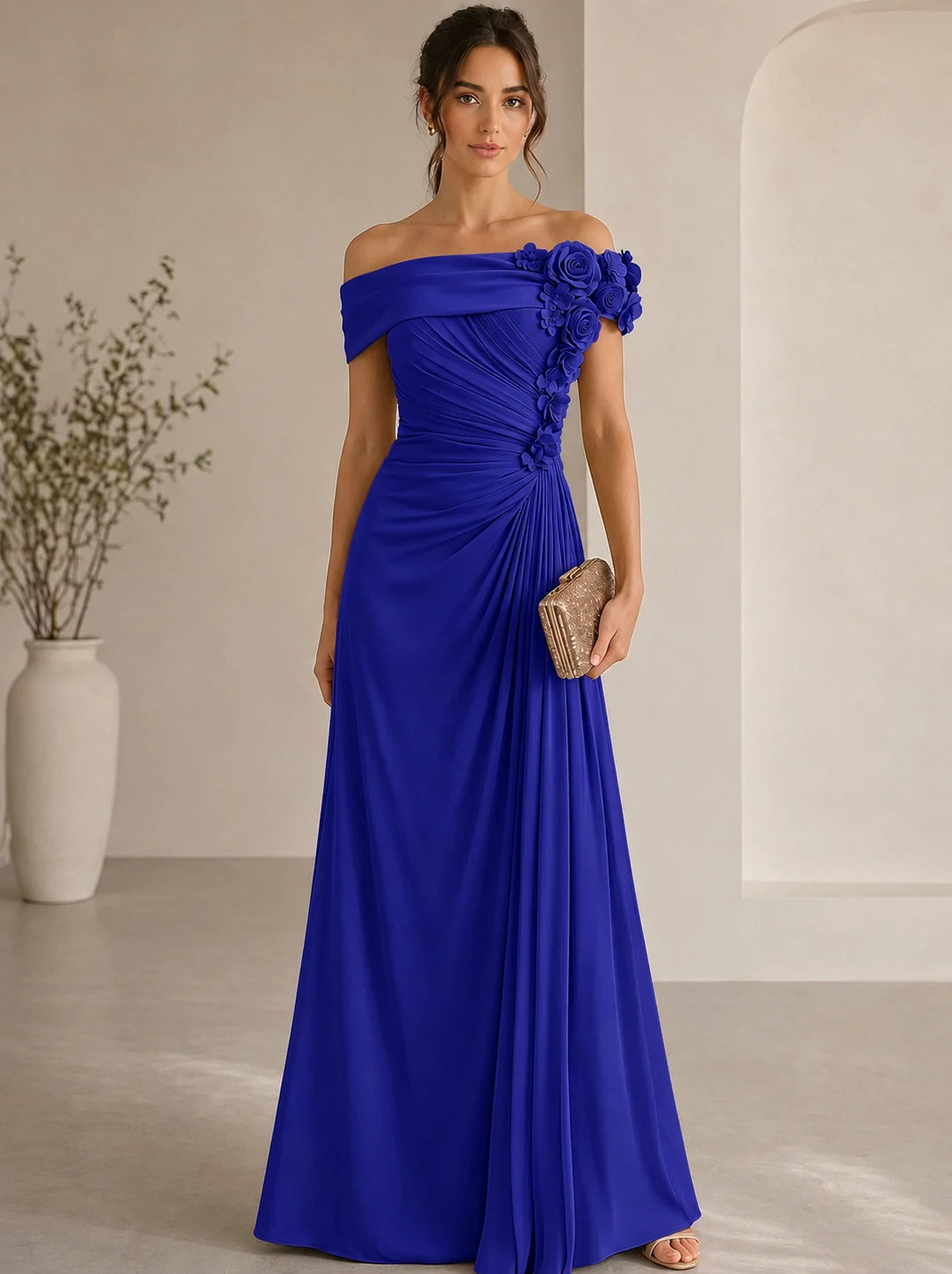 Trumpet/Mermaid Evening Gown Elegant Off The Shoulder Floral Chiffon Formal Dresses Olive Green Ruched Maxi Dresses
