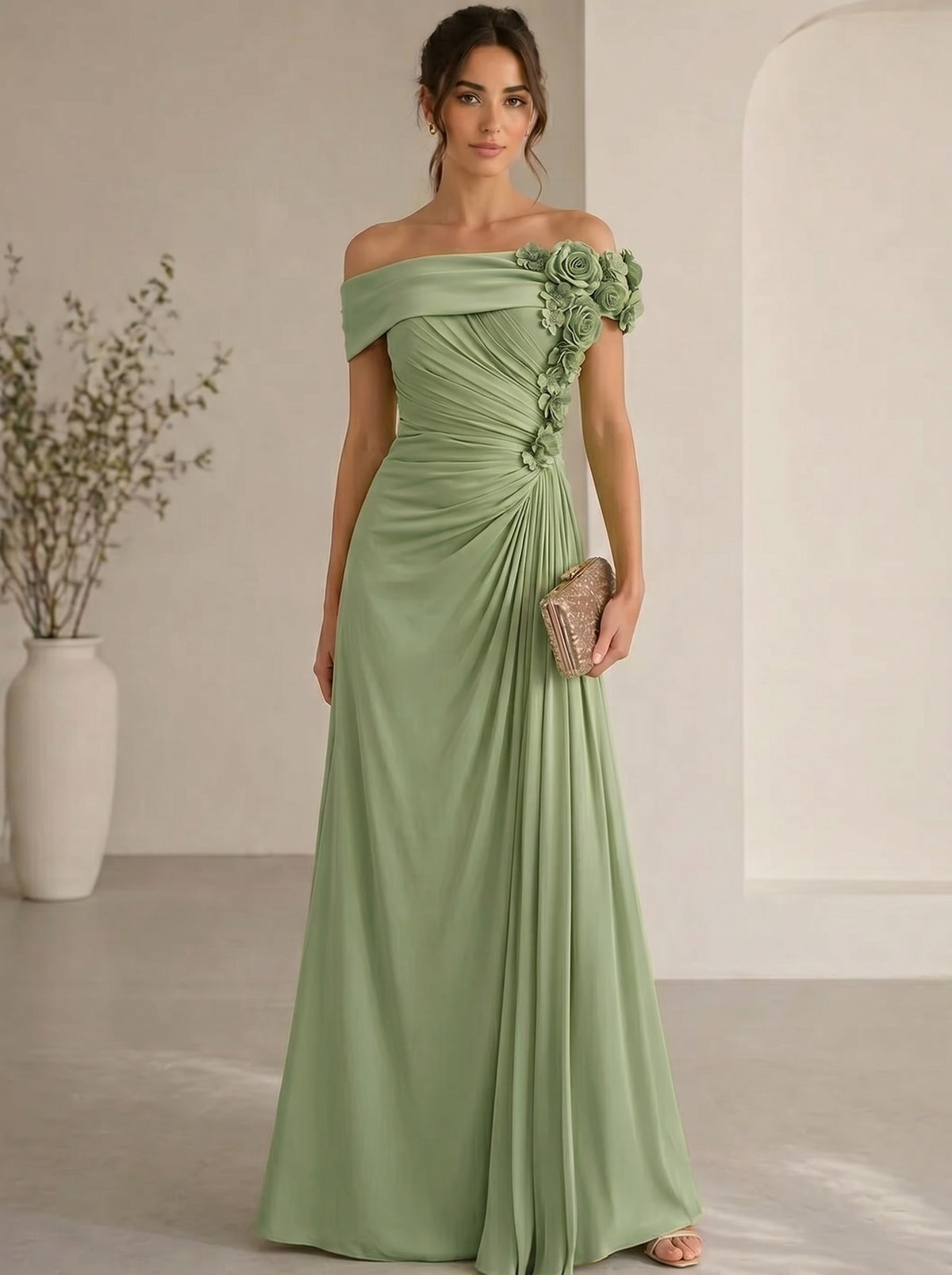 Trumpet/Mermaid Evening Gown Elegant Off The Shoulder Floral Chiffon Formal Dresses Olive Green Ruched Maxi Dresses