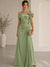 Trumpet/Mermaid Evening Gown Elegant Off The Shoulder Floral Chiffon Formal Dresses Olive Green Ruched Maxi Dresses