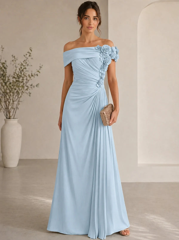 Trumpet/Mermaid Evening Gown Elegant Off The Shoulder Floral Chiffon Formal Dresses Olive Green Ruched Maxi Dresses