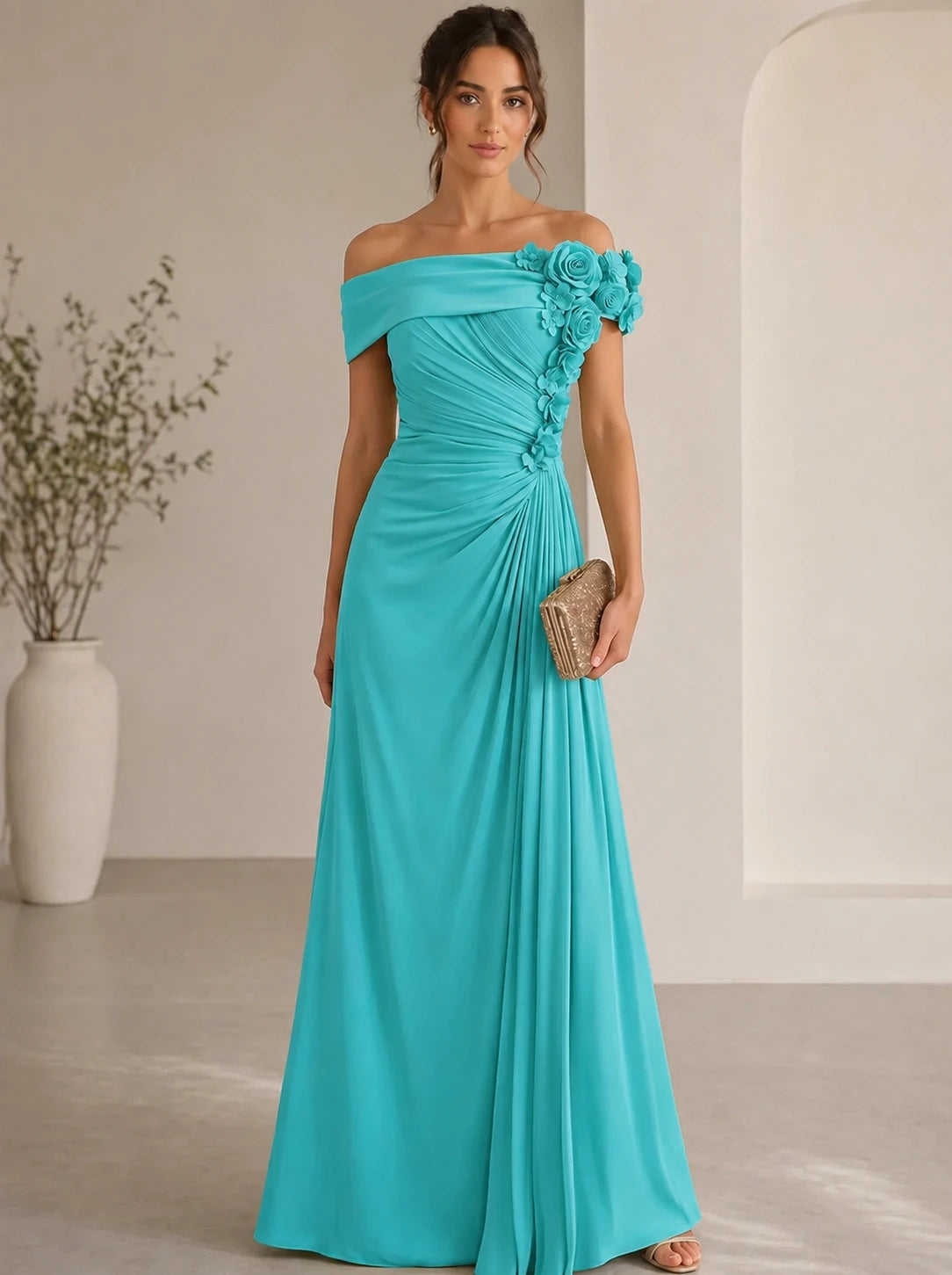 Trumpet/Mermaid Evening Gown Elegant Off The Shoulder Floral Chiffon Formal Dresses Olive Green Ruched Maxi Dresses
