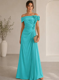 Trumpet/Mermaid Evening Gown Elegant Off The Shoulder Floral Chiffon Formal Dresses Olive Green Ruched Maxi Dresses